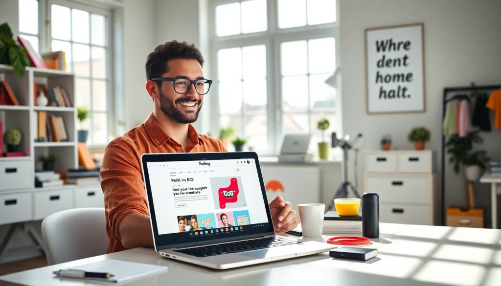 Promote your paid link in bio for creators through a vibrant home office scene featuring a digital workspace.