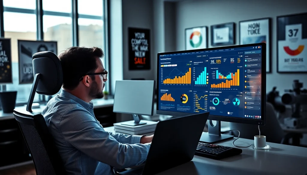 Analyze competitive intelligence insights with a data-focused professional in a modern office.