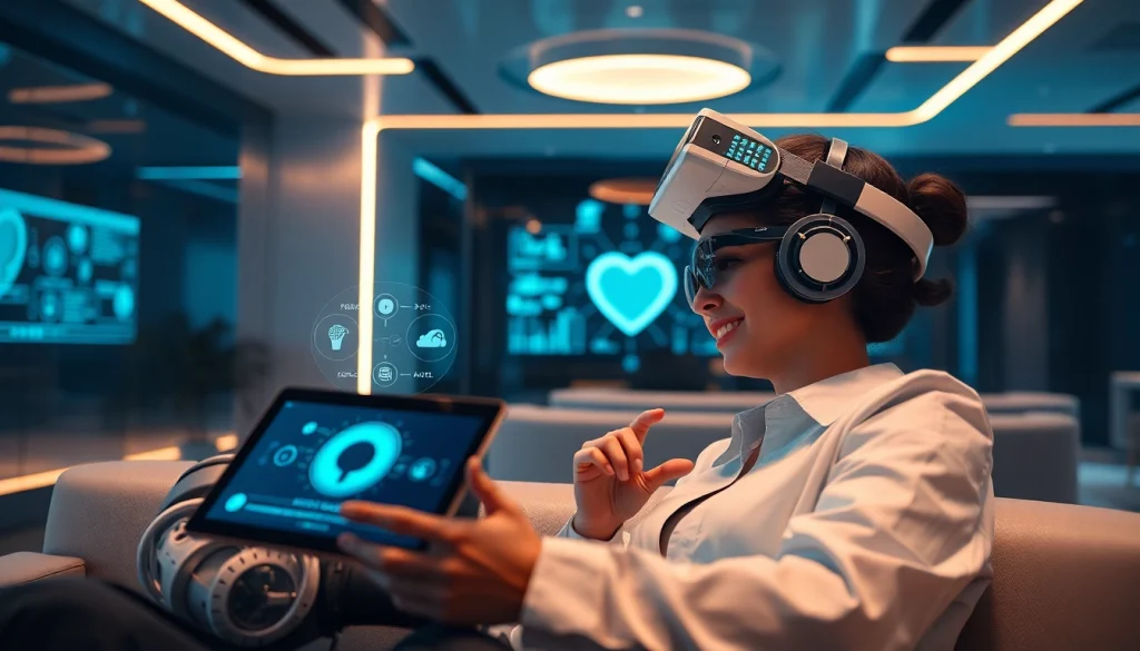 AI sex interactions in a futuristic setting with holographic displays and sleek tech elements.