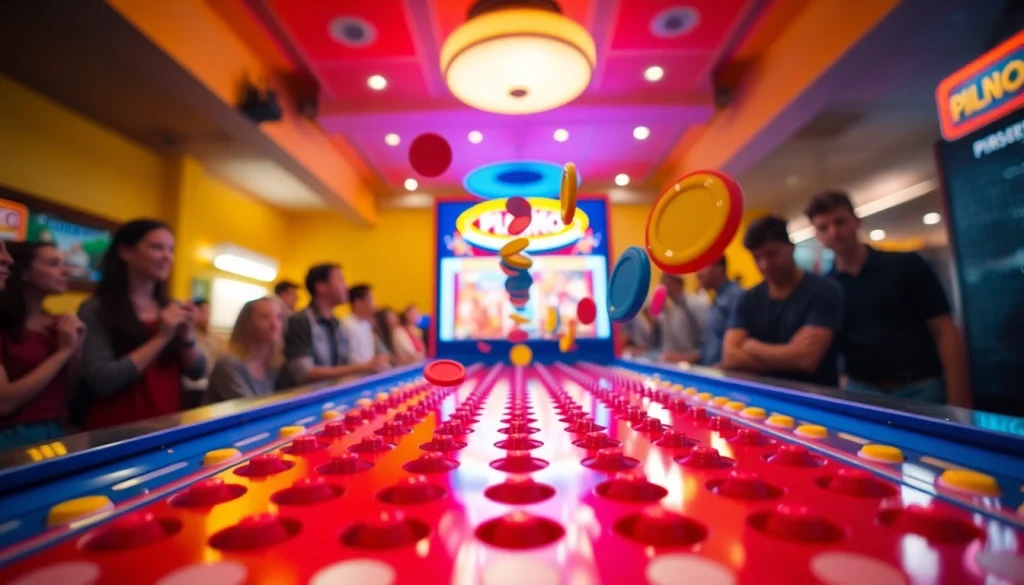 Permainan plinko dengan chips berwarna cerah meluncur di papan, memancarkan suasana yang seru.
