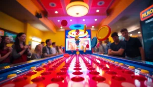 Permainan plinko dengan chips berwarna cerah meluncur di papan, memancarkan suasana yang seru.