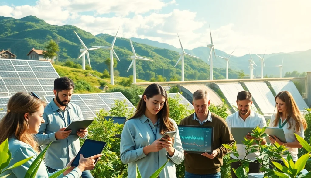 Modern cloud mining site showcasing renewable energy sources and diverse miners using digital interfaces.