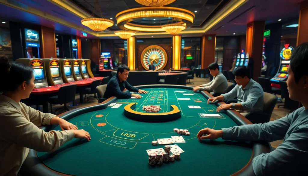 Hi88 players placing bets at a vibrant online casino table filled with chips and cards.