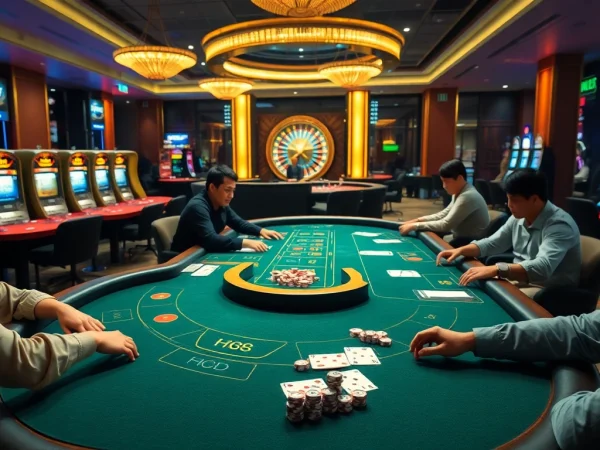 Hi88 players placing bets at a vibrant online casino table filled with chips and cards.