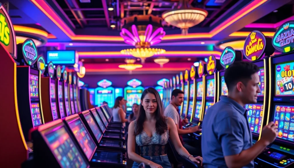 Menampilkan pengalaman bermain slot pulsa di kasino mewah dengan pemain bersemangat.