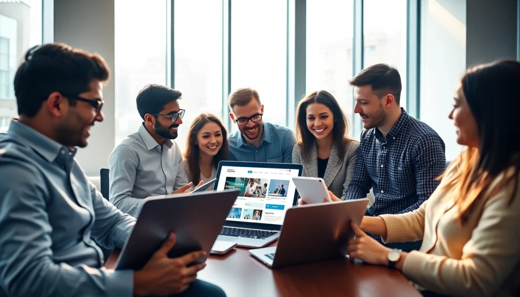 Professional team collaborating on a thiết kế website theo yêu cầu project in a bright office.