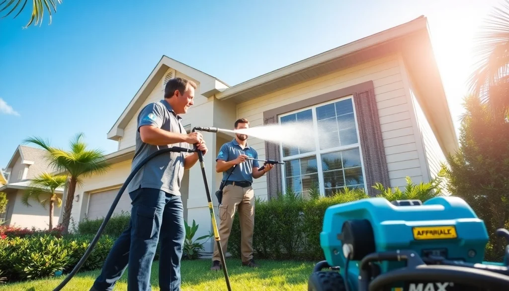 Soft wash cleaning in Kissimmee with a professional crew using eco-friendly solutions on a residential exterior.