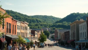 Capture the historic charm of Clarksburg with vibrant downtown architecture against lush hills.