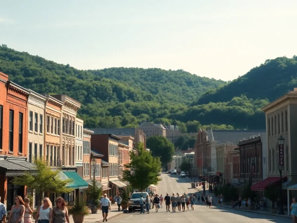 Capture the historic charm of Clarksburg with vibrant downtown architecture against lush hills.