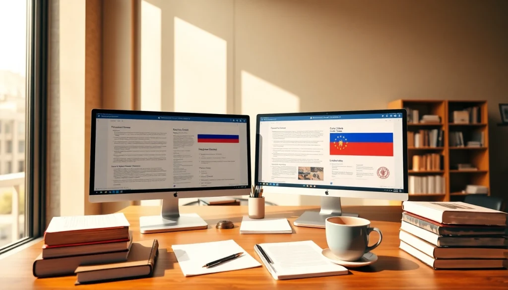 Traducteur russe certifié travaillant dans un bureau moderne.