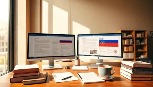 Traducteur russe certifié travaillant dans un bureau moderne.