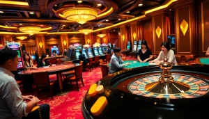 Gamblers enjoying games at Nhà Cái THABET's luxurious casino environment.