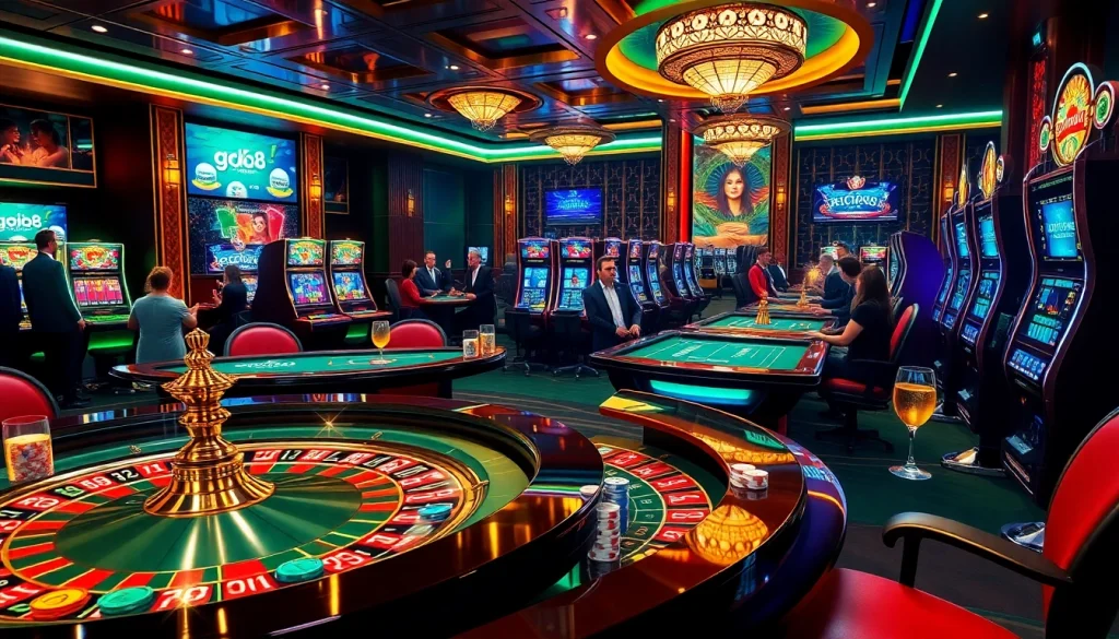 Players enjoying the vibrant gaming atmosphere at go8 casino, with poker tables and roulette wheels.