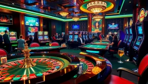 Players enjoying the vibrant gaming atmosphere at go8 casino, with poker tables and roulette wheels.