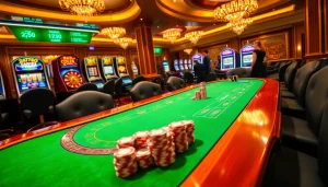 Players enjoying thrilling games at a luxurious casino, highlighting rr88 gratis promotions.