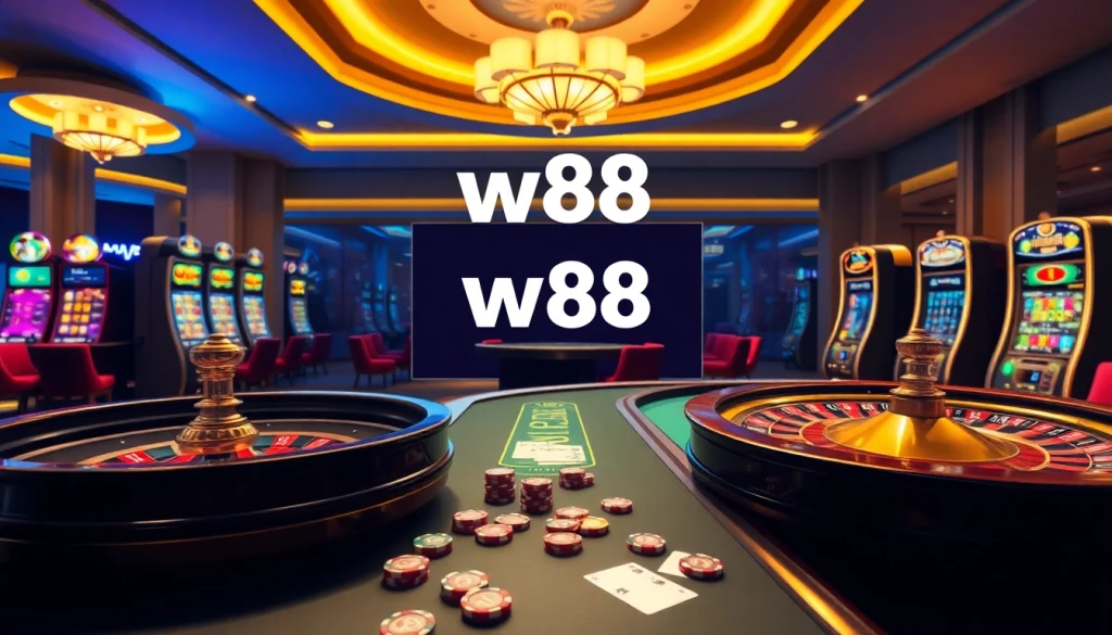 Cảnh tham gia đánh bạc trực tuyến hấp dẫn, làm nổi bật liên kết truy cập của w88 giữa bối cảnh casino đầy sôi động.