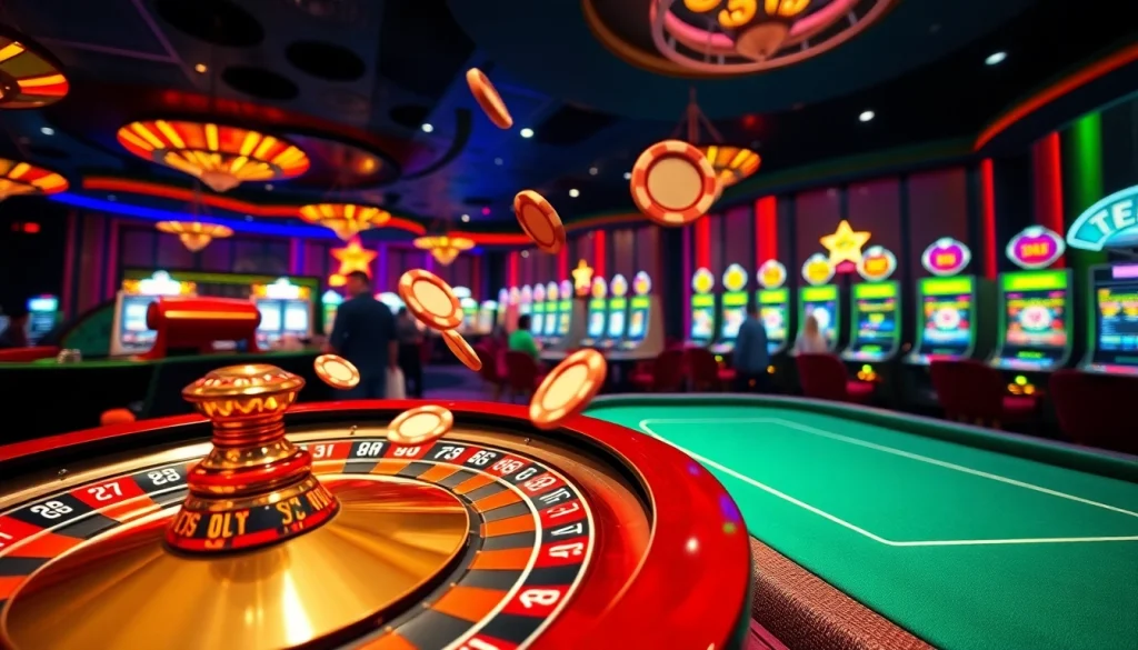 Experience the thrill of f8bet with an enticing casino scene featuring vibrant gaming tables and slot machines.