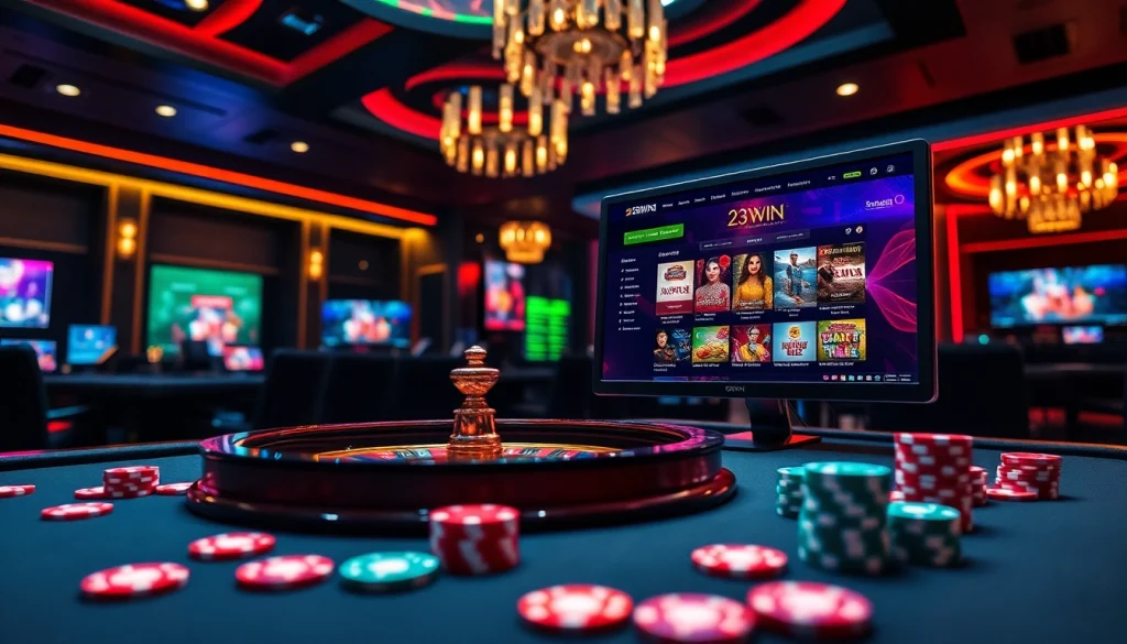 Experience thrilling gameplay at 23WIN with vibrant casino visuals, showcasing roulette and poker chips.