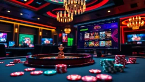 Experience thrilling gameplay at 23WIN with vibrant casino visuals, showcasing roulette and poker chips.