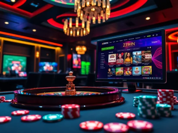 Experience thrilling gameplay at 23WIN with vibrant casino visuals, showcasing roulette and poker chips.