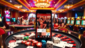 A dynamic casino scene showcasing the link s8 on a smartphone among poker chips and roulette, representing online gaming excitement.
