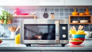 Showcase of a stylish microwave oven on a kitchen counter with vibrant decor.