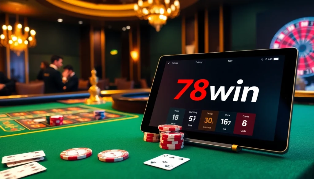 Experience the thrill of gambling at 78win's lavish casino tables and vibrant poker chips.