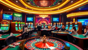 Action-packed gambling scene at Trang Chủ THABET with vibrant tables and players enjoying various casino games.