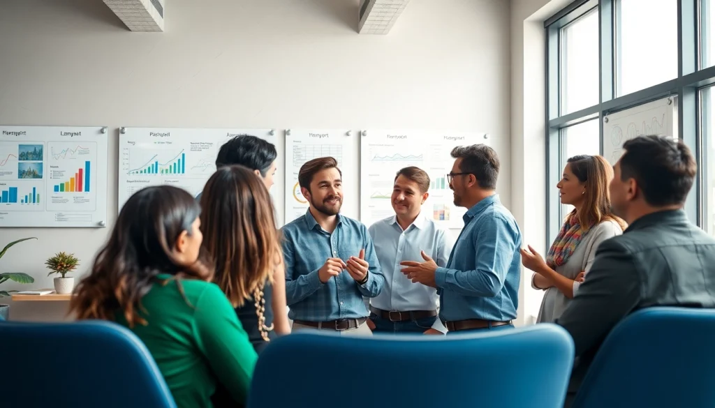 Engaging business coaching service session with diverse entrepreneurs in a modern office.