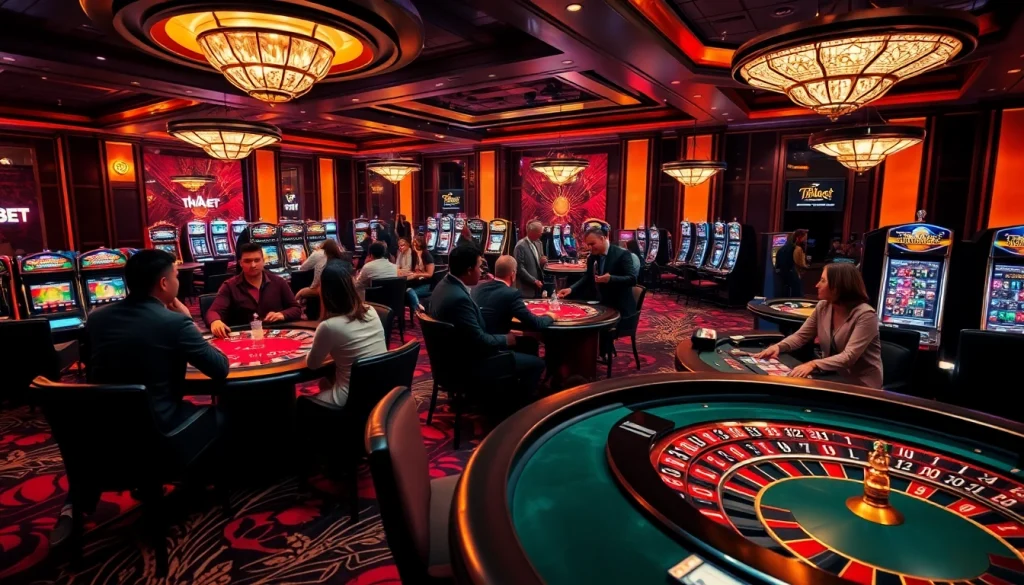 Exciting gaming scene at https://thabet.vegas/ with diverse players enjoying poker and slot machines.