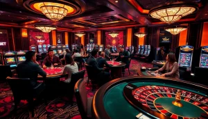 Exciting gaming scene at https://thabet.vegas/ with diverse players enjoying poker and slot machines.