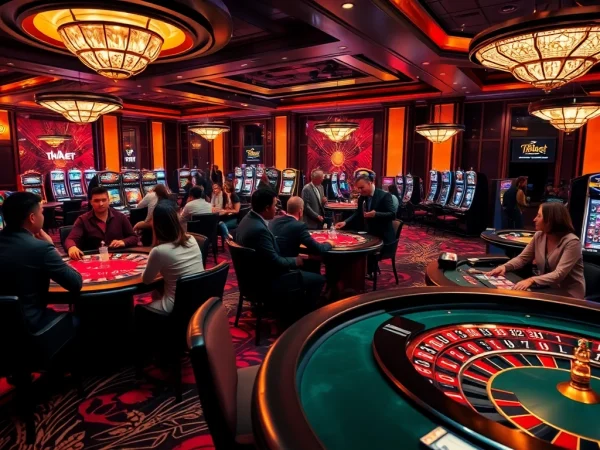 Exciting gaming scene at https://thabet.vegas/ with diverse players enjoying poker and slot machines.