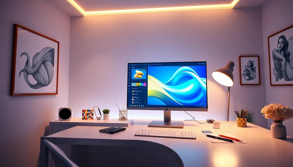 Advanced AI workspace for nano banana image editing, featuring vibrant tech elements.