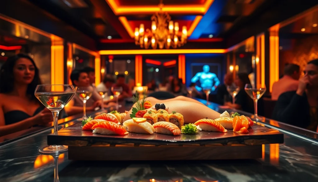 Body sushi experience at Club Noir, featuring elegant sushi presentation on a model in an upscale nightlife setting.