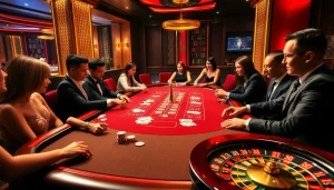 Players enjoy a thrilling game at NK88 casino showcasing luxury poker chips and cards.