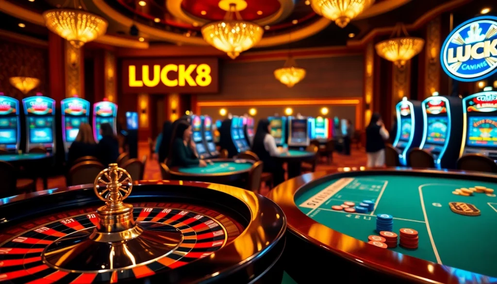 Cảnh casino LUCK8 với bánh xe roulette sang trọng và các chip màu rực rỡ tạo sự phấn khích.