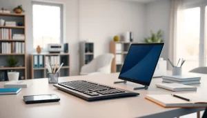 Efficient workspace in a typing center with sleek desk and high-quality keyboard for productivity.