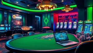 Experience thrilling gaming at OKWIN, featuring vibrant casino tables and engaging slot machines.