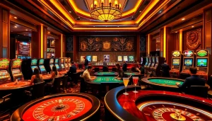 Experience the thrill of 7upbet at a luxury casino with vibrant gaming tables and eager players.
