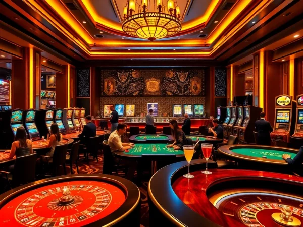 Experience the thrill of 7upbet at a luxury casino with vibrant gaming tables and eager players.
