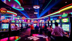 Engage with the slot demo mahjong experience at a bustling casino, featuring vibrant gaming machines and players celebrating wins.