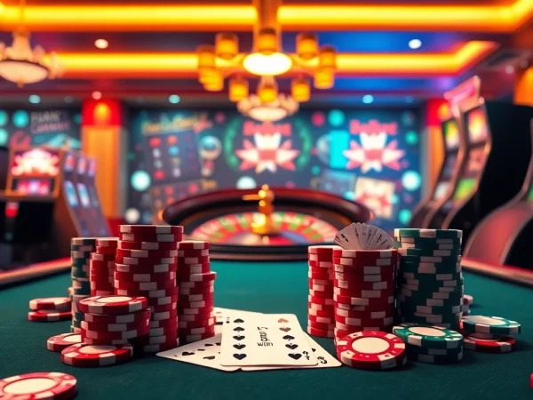 Adegan kasino yang menarik dengan taruhan Datukwin Alternatif, chip poker, dan roulette.