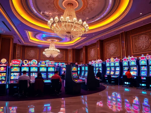 Players enjoying the excitement of slot depo 5rb in a luxurious casino setting