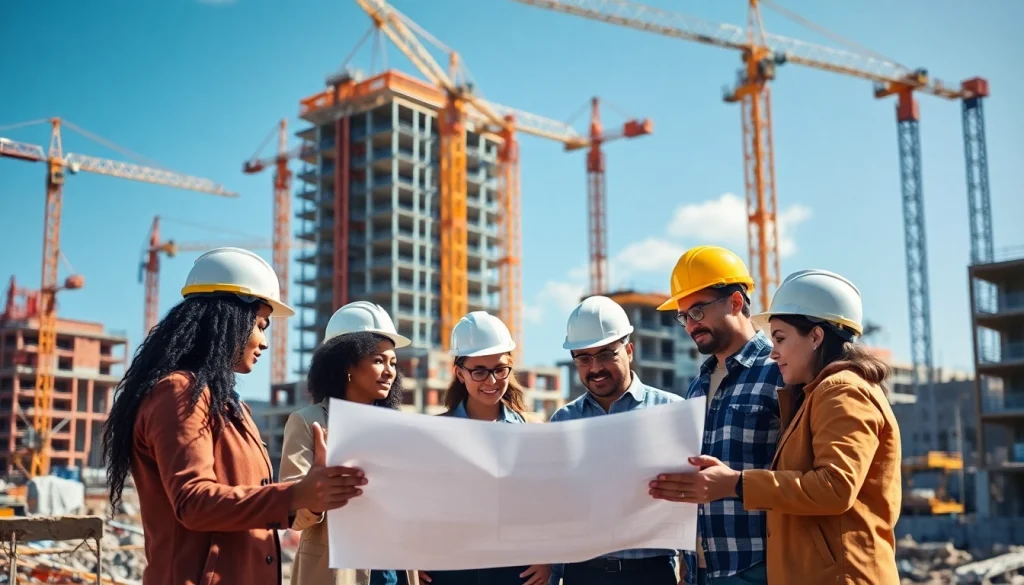 Showcasing teamwork in construction advocacy with builders reviewing plans at a lively site.