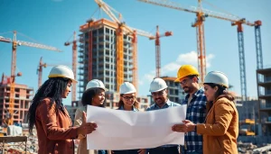 Showcasing teamwork in construction advocacy with builders reviewing plans at a lively site.