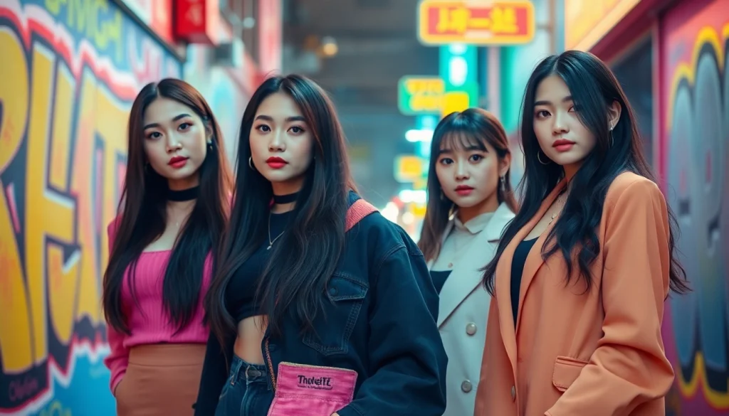 blackpink members posing confidently in an urban setting, highlighting their unique styles and vibrant energy.
