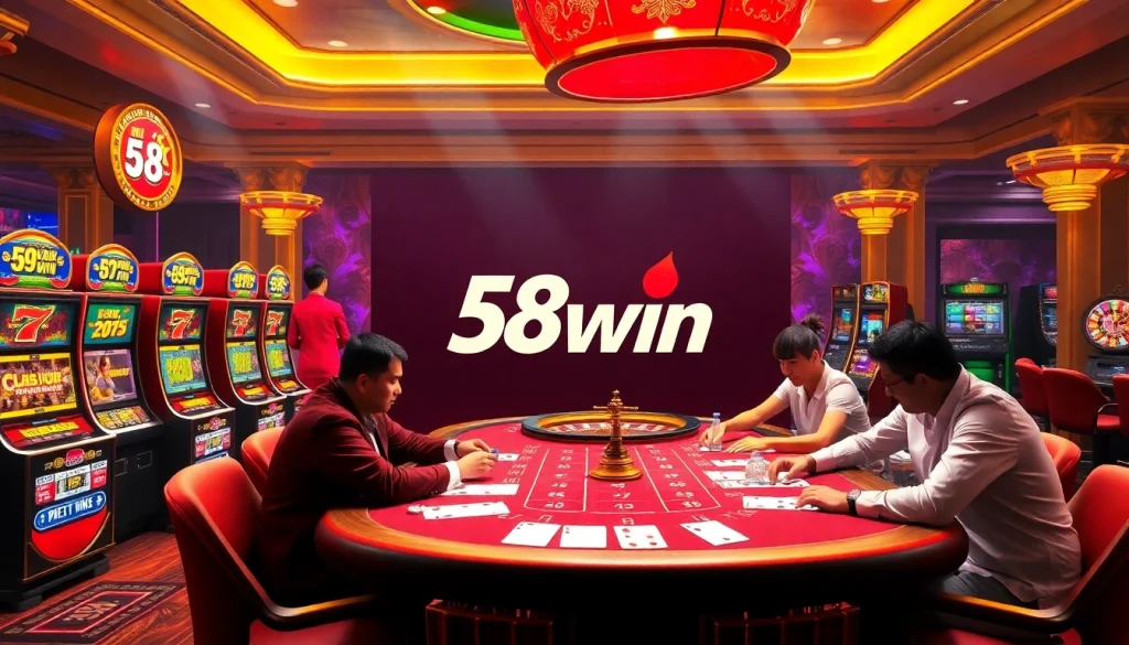 Experience the thrill of gaming at 58win with players engaging at a lively poker table amidst colorful slot machines.