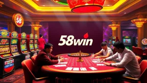 Experience the thrill of gaming at 58win with players engaging at a lively poker table amidst colorful slot machines.