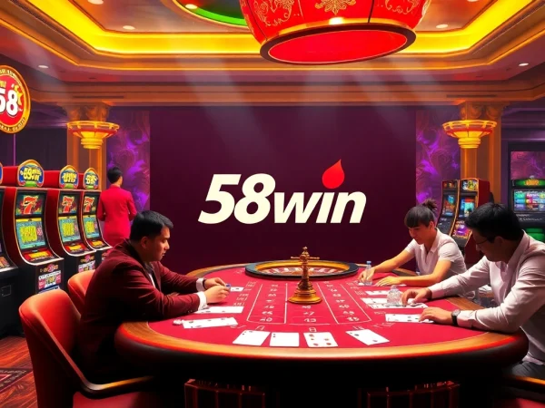 Experience the thrill of gaming at 58win with players engaging at a lively poker table amidst colorful slot machines.