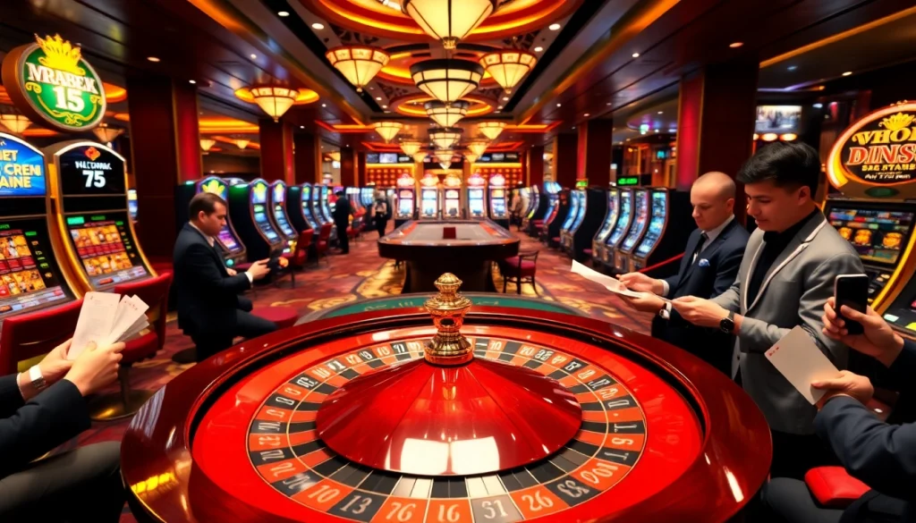 Join the excitement at vn168 with players cheering around the roulette wheel in a luxury casino.